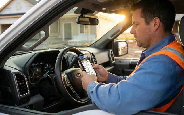 Contractor reviewing enquiries on a smartphone at a job site Construction.