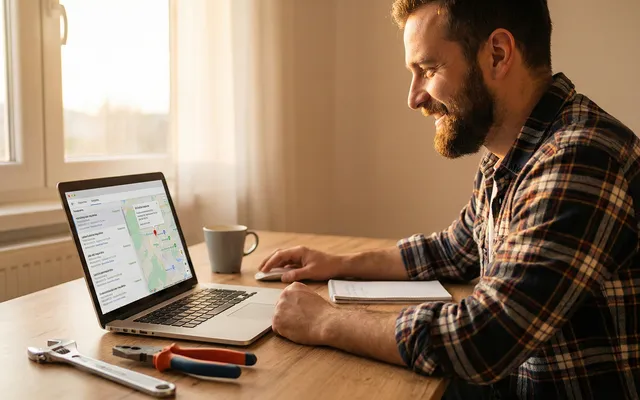 A contractor at a kitchen table working on a laptop with tools and a notepad beside him