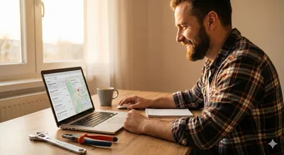 Laptop showing a local map listing and a contractor website
