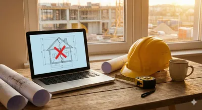 A laptop on a contractors desk displaying a cracked house blueprint with a red X, symbolizing website mistakes contractors should avoid.