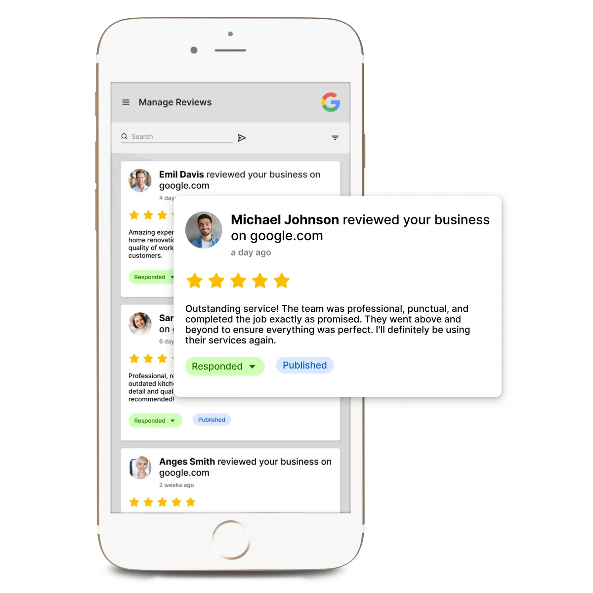 A Google review for a contracting business shown on a phone