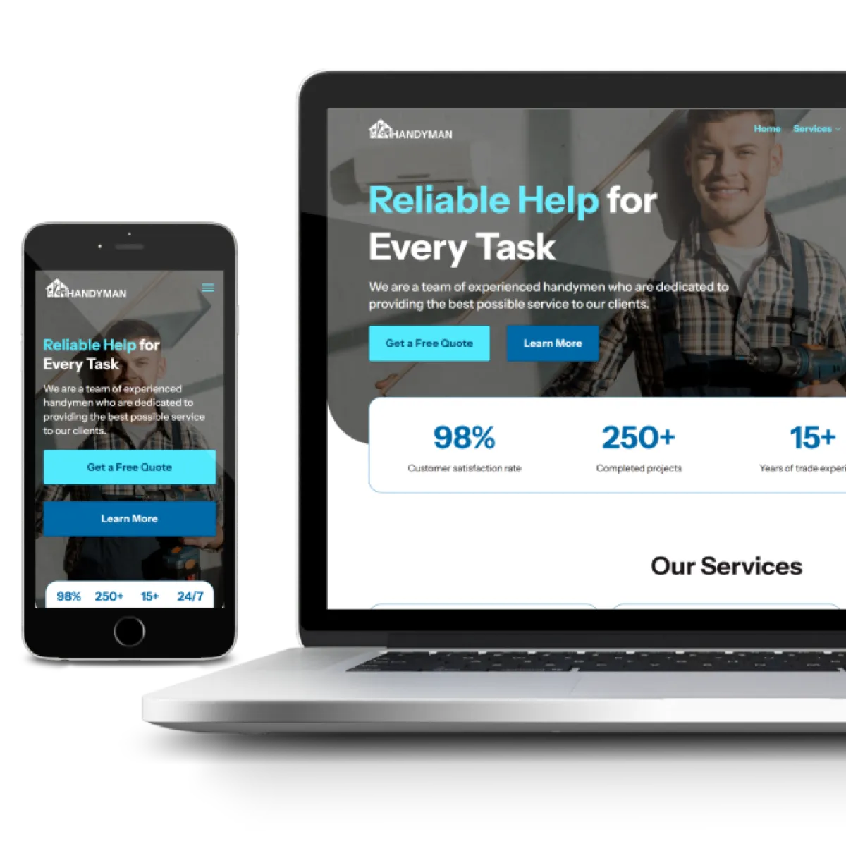 HandymanPro contractor website template shown on a phone and a laptop