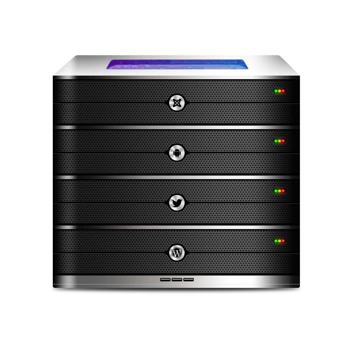A server rack standing in for the hosting, security and updates we handle