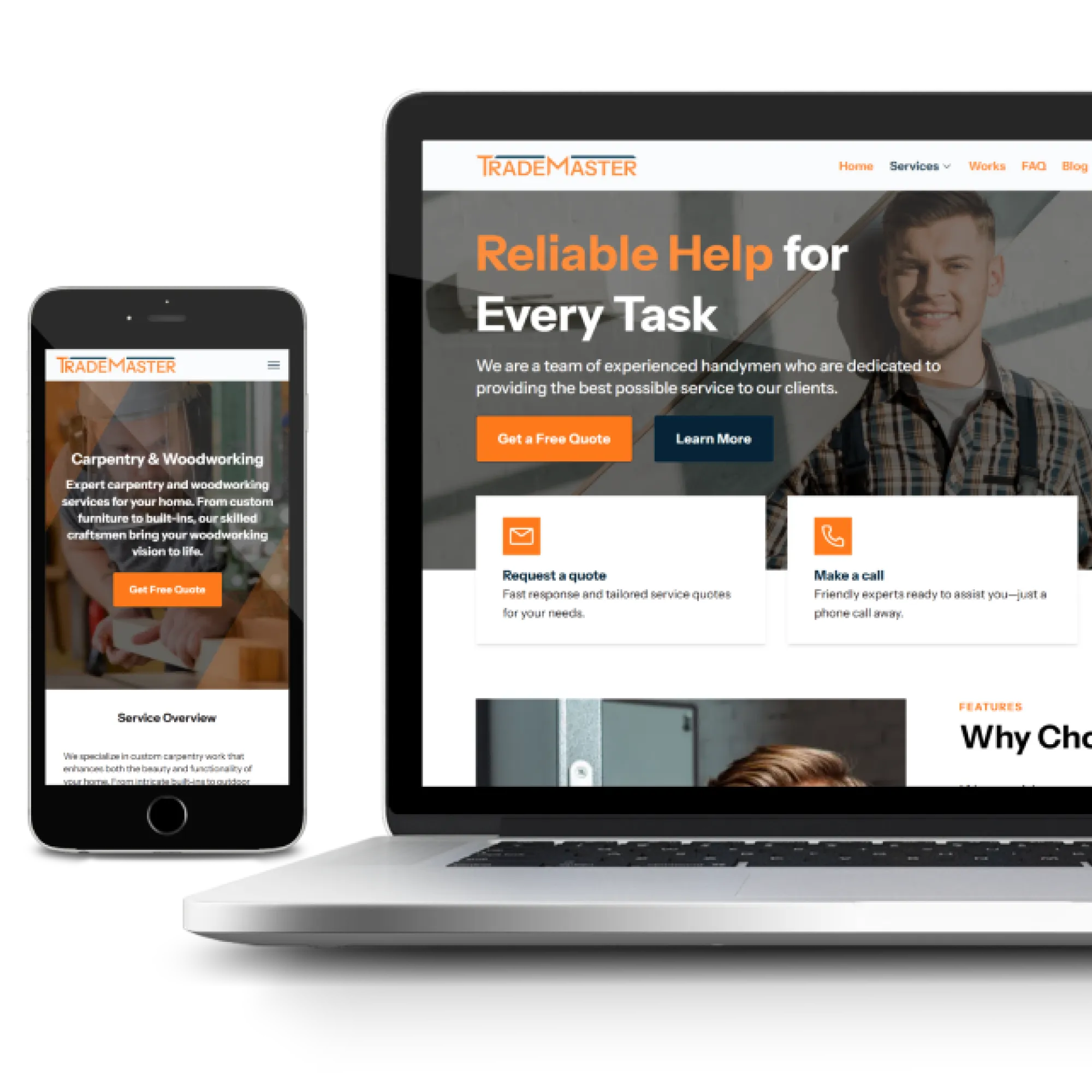 TradeMaster contractor website template shown on a phone and a laptop
